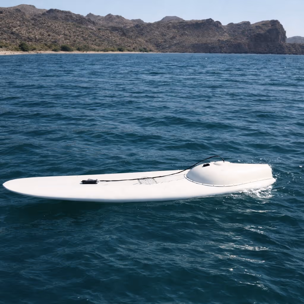 Original Surfjet prototype with modified surfboard, industrial pump, and go kart engine.